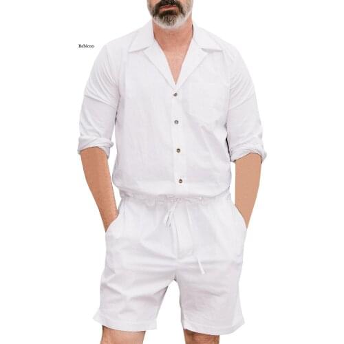 Plus Size Men Jumpsuit Pants Solid Color Linen Drawstring Overalls Long Sleeve Short Romper Casual Pants Hip Hop Streetwear