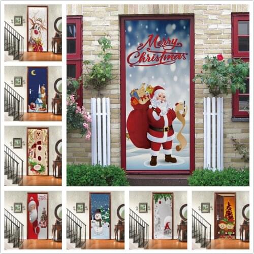 Santa Gift Door Sticker Home Decoration Christmas Wallpaper Adhesive Removable Poster Vinyl Snowman Wall Decal Xmas Decor Murals