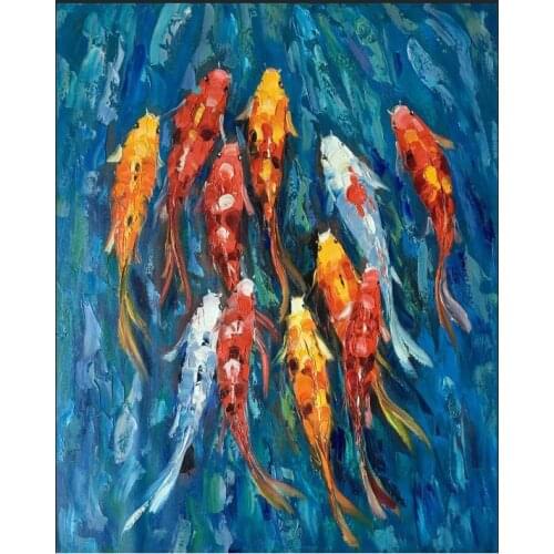 Wall Art Picture Traditional Chinese Abstract Landscape Oil Painting Print Nine Koi Fish on Canvas Poster For Living Room Decor