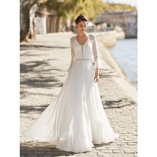 Long Sleeves Chiffon V Neck Wedding Dress Boho Beach Sheer Lace Back Elegant A Line Plus Size Photoshoot Bridal Gown Custom Made