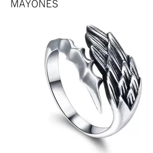 925 Sterling Silver Angel Wings Open Ring for Men Women Vintage Thai Silver Adjustable Fying Wings Feather Ring Fashion Jewelry