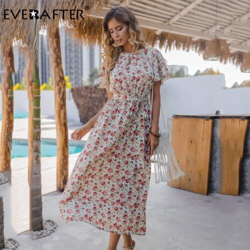 EVERAFTER Boho O-neck summer dresses women short sleeve casual beach vintage bow high waist sundress holiday ladies maxi dress