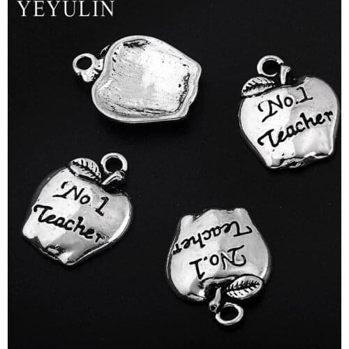 13*17mm Trendy Alloy Engraved NO 1 Teacher Apple Pendant Charms For Teachers' Day Jewelry Gift 20pcs