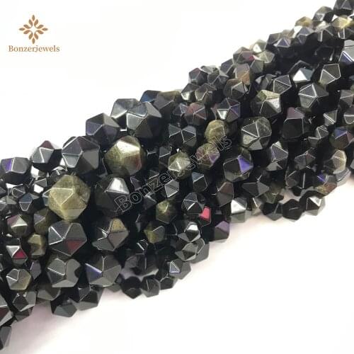 Natural Diamonds Cut Gold Obsidian Stone Star Polygon Faceted Round Beads For Jewelry Making DIY Bracelets Necklace 6/8/10 MM