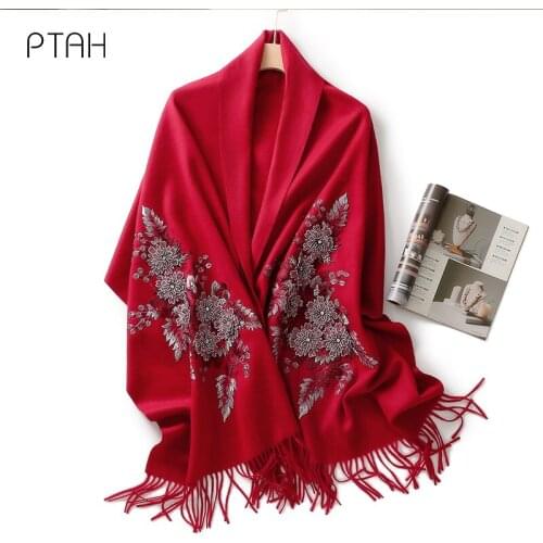 [PTAH] Winter Wool Scarves for Women Thicker Cashmere Shawl Wrap Softer Comfortable Temperament Embroidery Large Scarf 200*60cm