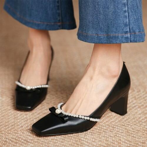 Spring Autumn Woman Dress Shoes String Bead High Heels Ol Office Lady Shoes Pearls Pumps Black White Wedding Shoes Bridal 9013L