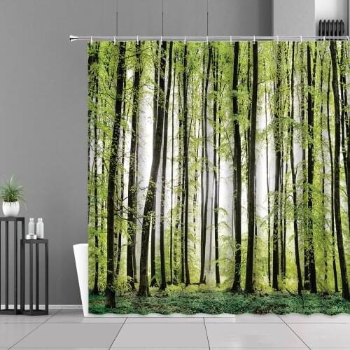 Modern 3D Printing Forest Natural Scenery Shower Curtain Green Plant Tree Landscape Bath Curtain With Hooks For Bathroom Scenery