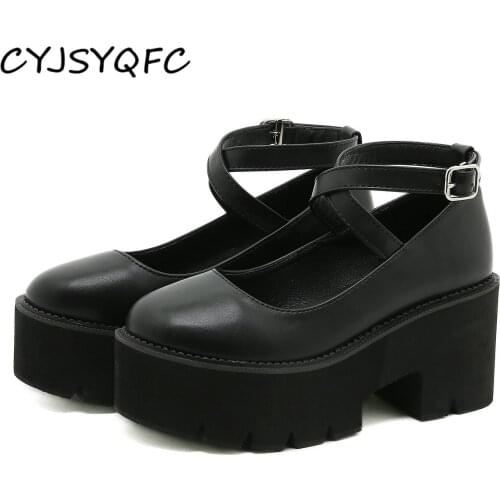 CYJSYQFC New College Students Shoes Girl Lolita Pumps Round Toe Ankle Strap Buckle Thick Bottom High Heels Platform Women Shoes
