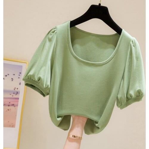 Puff Sleeved Solid Green Women T-Shirts Summer New 2021 Solid O-Neck Slim Elegant Office Lady Pulls Tops Tees