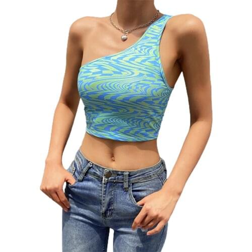 Women Close-fitting Sexy Vest Blue Wavy Printed Pattern One-shoulder Sleeveless Crop Tops