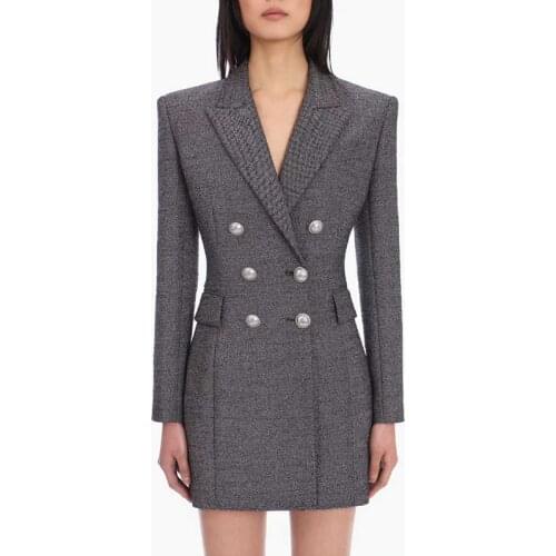 Office Lady Gray Long Blazer Women Fashion Temperament Double Breasted Button Buckle Slim Blazers Suit Jacket Dress High Quality