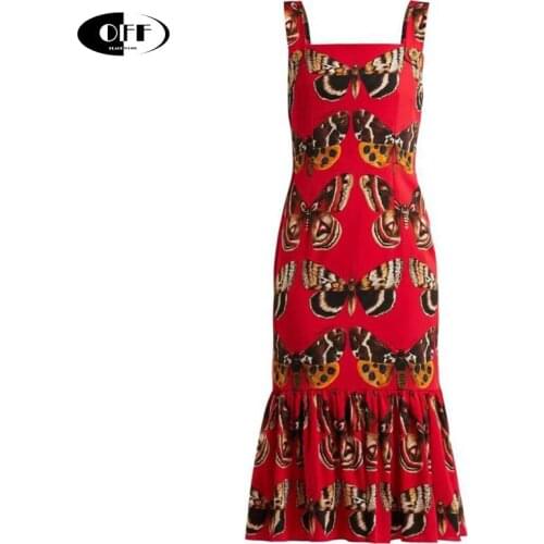 Designer Runway Summer Women Dress Vintage Butterfly Print Red Spaghetti Strap Slim Drape Sexy Elegant Party Night Dresses Femme