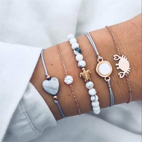 5pcs/set Boho Bohemian Beads Charm Bracelets Set Gold Color Crab Turtle Heart Bracelets Bangles For Women Jewelry Gift Sets
