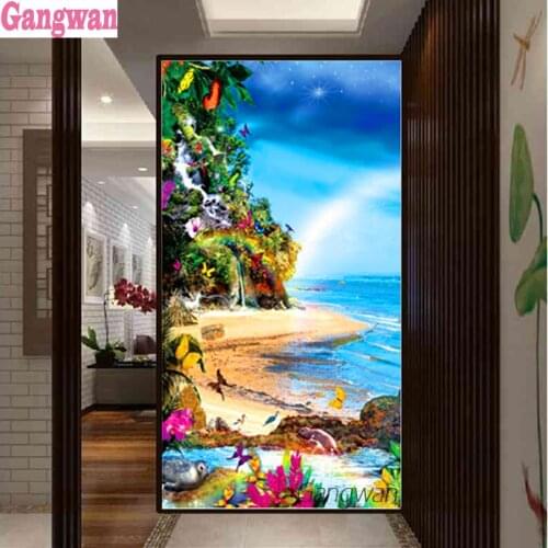 Large Home Decoration Diamond Painting Seaside scenery Diamond Embroidery summer Scenery tower Picture Diamond Cross stitch art