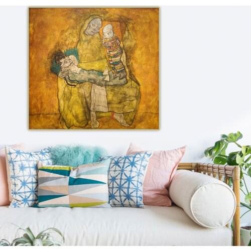 Citon Egon Schiele《Mother with two children II》Canvas Oil Painting Artwork Poster Picture Wall Decor Home Living room Decoration