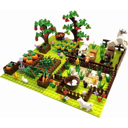 Farm Animals Trees Plants Building Blocks for Kids MOC Compatible Classic Bricks Toys for Children Juguetes Bloques Base Plate