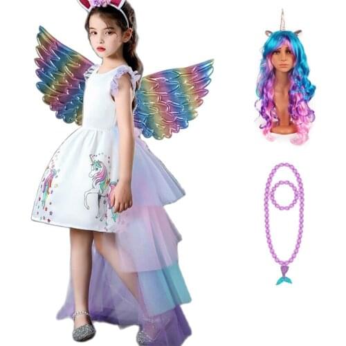 Fancy Girl Colorful Floor Length Unicorn Dress for Kids Wig Halloween Children Princess Birthday Party Tiered Tutu Prom Dresses