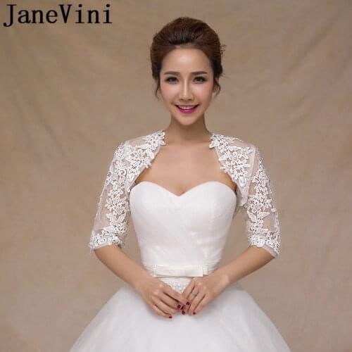 JaneVini veste dentelle femme Lace Wedding Jackets Half Sleeve Appliqued Beaded Bridal Cape Tulle Bolero Women Wedding Wrap Coat