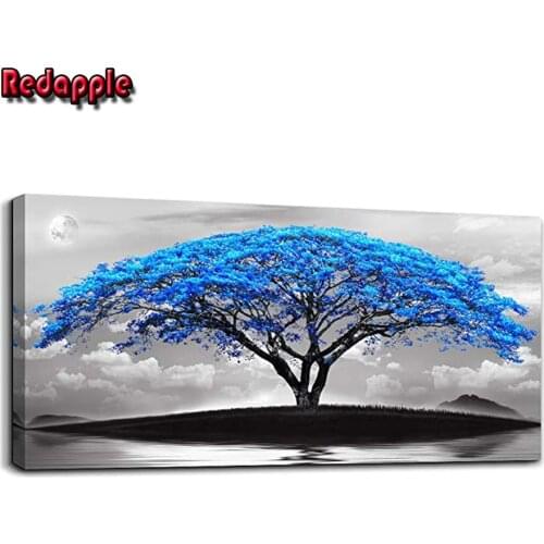 Black white landscape blue tree moon Diamond Painting Full Square round Diamond Embroidery Rhinestone Mosaic large Wall Decor