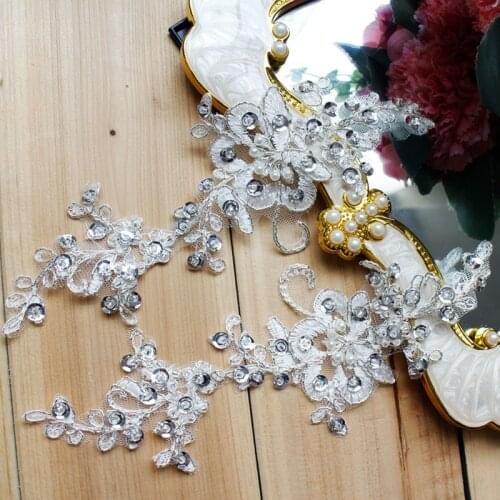 2Pairs/4pcs Beautiful Ivory Beaded Embroidery Flower Lace Applique Sewing Lace Trims Applique DIY Craft 21X8.5cm