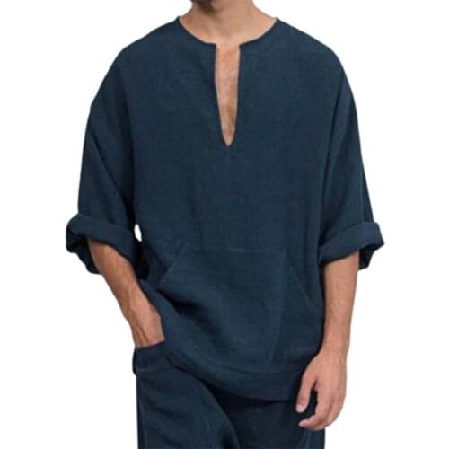 Summer Men T-shirt Solid Color Loose Summer Flared Sleeve V Neck Top Cotton Blend long sleeve V neck Casual T-shirt Plus size