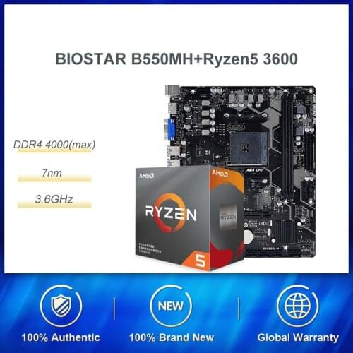 BIOSTAR B550MH Motherboard Supports 5600X/5900X/4750G/3700X/3800X/3500X + AMD Ryzen 5 3600 6 Core 12 Thread Combination Set