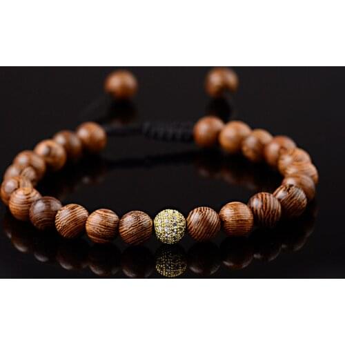 OIQUEI Micro Pave CZ Copper Disco Balls Beaded Bracelet Jewelry For Women Adjustable 8mm Wood Beads Buddhist prayer Bracelet Men