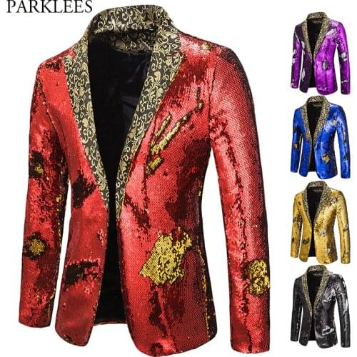 Mens Blazer Coat Shiny Sequin Blazer Men Luxury Wedding Singer Prom Glitter Mens Suit Jacket Club DJ Stage Blazer Masculino