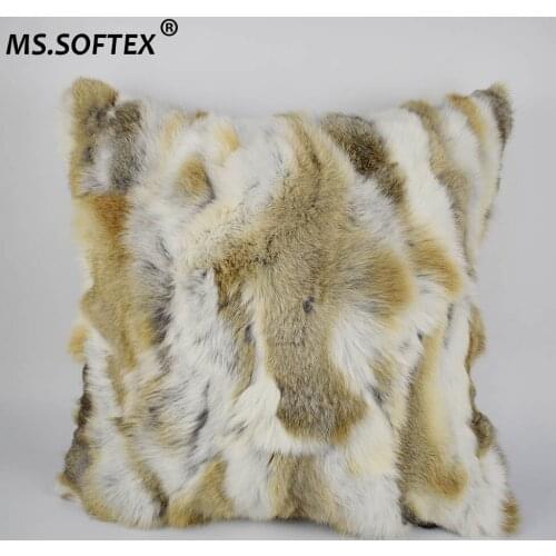 MS.Softex Natural Fur Pillow Case Patchwork Genuine Rabbit Fur Pillow Fur Cushion Home Pillow Cover Factory OEM FREE SHIPPING