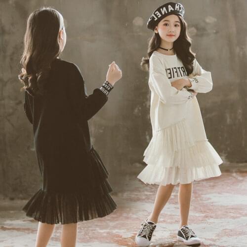 New White Kids Dresses for Girls 2020 Autumn Long Sleeve Mesh splicing Tshirt Dresees 10 12 Years Children Clothes Spring Tees