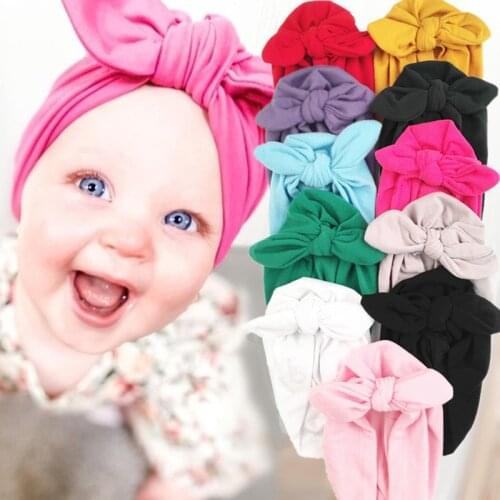 Solid Baby Cotton Beanies Cute Bear Ear Bowknot Turban Hats Sweet Soft 0-4T Elastic Caps for Newborn Baby Boy Girls Headwraps