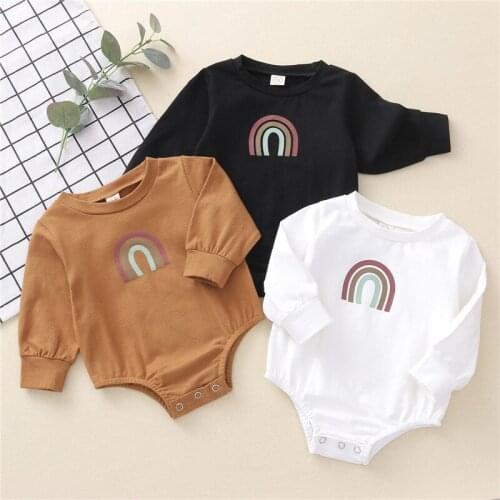 Newborn Unisex Baby Solid Color Romper, Round Neck Long Sleeve Rainbow Print Jumpsuit for Cute Boys Girls
