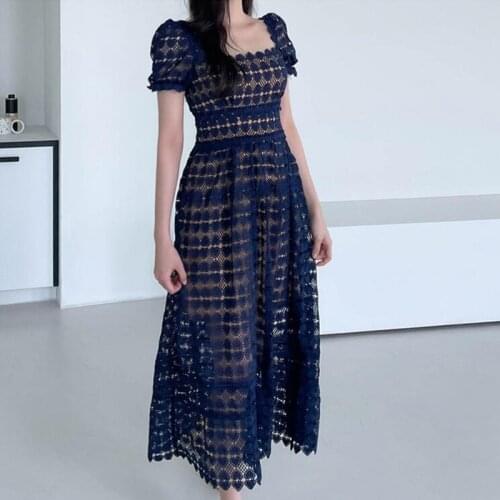 ZAWFL Runway Summer Self Portrait Dress Women Sexy Square Neck Short Sleeve Long Dresses Chic Lace Patchwork Dress