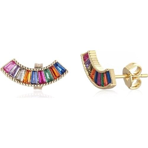 Rainbow round Multicolored gold womens stud earring cz small hook earrings for women copper cubic zirconia earring 2019 gift