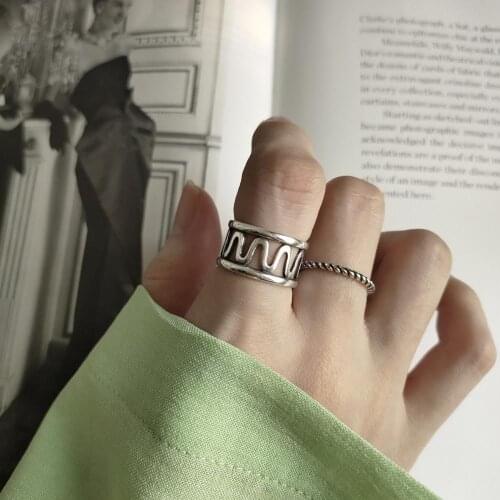 Retro Authentic S925 Sterling Silver FINE Jewelry Wave Rings Band adjust TLJ623