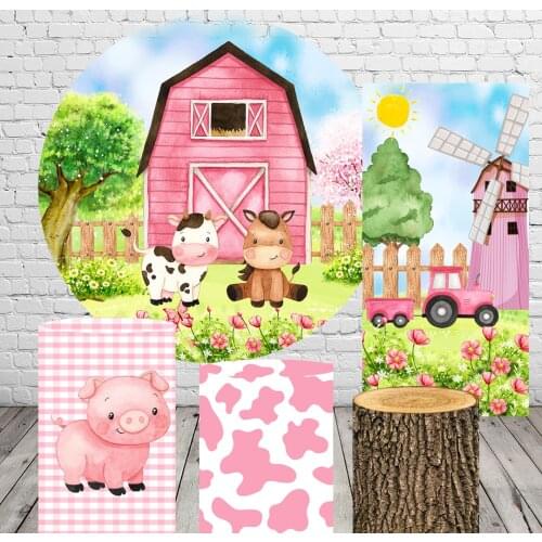 Pink Girl Farm Animal Round Circle Background Baby Shower Birthday Backdrop Kids Party Decor Table Plinth Covers