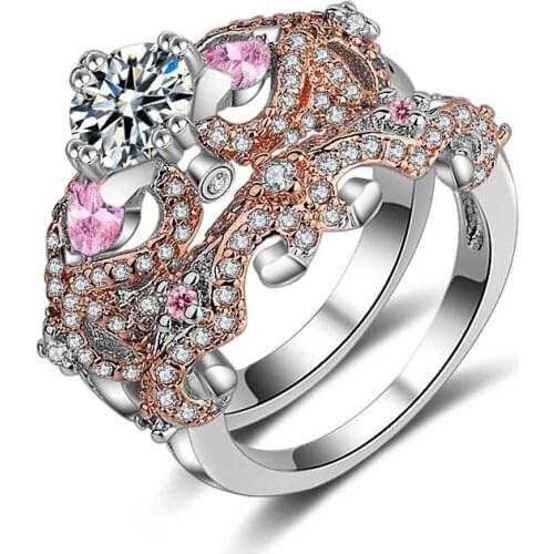 Seanlov Hot Cross Heart Silver Color Rings Sets Pink Zirconia Wedding Party Ring Sets Fashion Brand Women Luxury Jewelry Gift