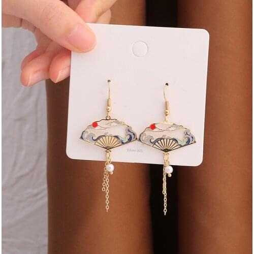 New Popular Chinese Drop Earring Temperament Restoring National Design Fan With Thin Chain Tassle Earrings Female Jewelry Gifts