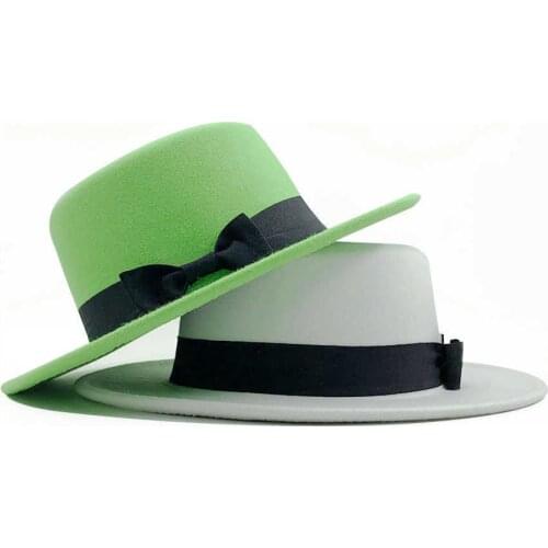 Wool Boater white Flat Top Hat For Womens Felt Wide Brim Fedora Hat Laday Prok Pie Chapeu de Feltro Bowler Gambler Top Hat