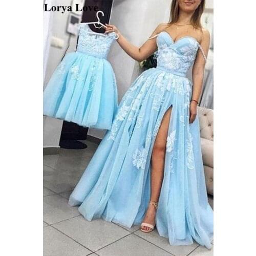 Light Blue Split Prom Dresses 2020 New Mother And Daughter Tulle Formal Party Evening Gowns Elegant Lace Applique Vestido Fiesta