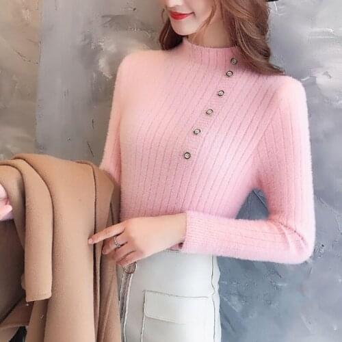 Faux Mink Velvet Button Bottom Knitted Sweater Women High Collar Slim Warm Jumper Sweater Pullover Female Spring Sueter Feminino