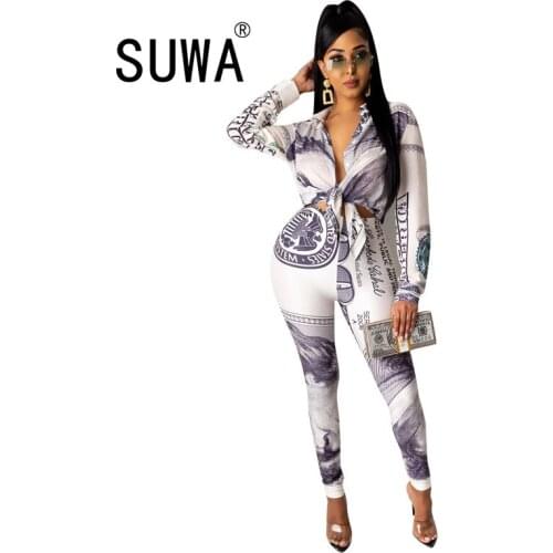 Elegant Work Wear Letter Printed Women Two Piece Outfits Long Sleeve Shirt Top High Waist Skinny Pencil Pants Trousers Sets