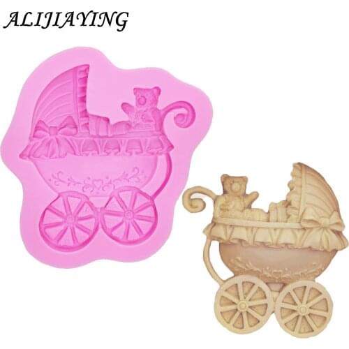 1Pcs 3D Sugarcraft Bear in the Baby Carriage Silicone mold fondant mold cake decorating tools chocolate gumpaste mold D0088