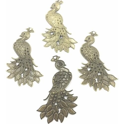10Pcs Connectors Pendants Bronze Tone Peacock Animal Theme Filigree Wraps Hollow Alloy Charms 70mm