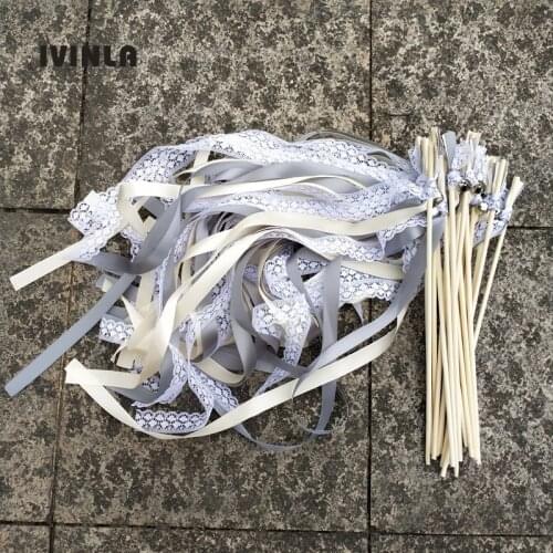 50pcs/lot sliver and cream wedding ribbon wands with sliver bell for wedding decoration
