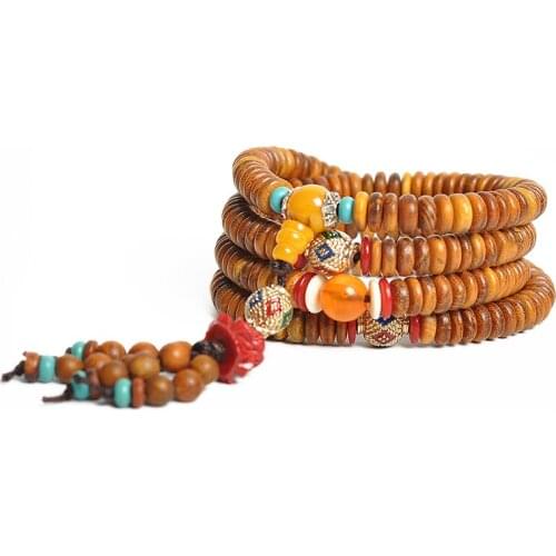 8x3mm Tibetan Buddhism 216 Yellow Gold-sandalwood Prayer Bead Mala Necklace