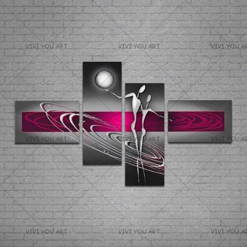 Abstract Painting Canvas Art 4 Pieces Red Ring Hand-painted Poster Modern Metallic Wall Painting for Living Room Home Decor