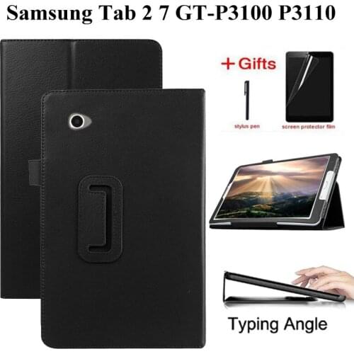 Litchi Flip Folio PU Leather Tablet Case For Samsung GalaxyTab 2 7 GT P3100 P3110 P3113 GT-P3100 7.0 inch Stand Case+Film+Pen