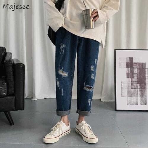 Denim Jeans Men Hole Frayed Ankle Length Spring Summer Bottoms Male Irregular Loose Straight All-match Students Korean Style Ins