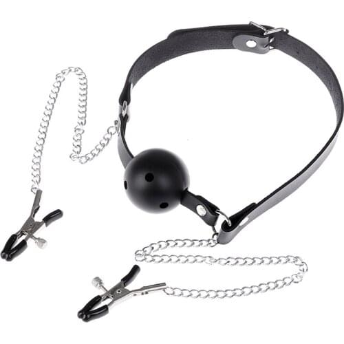 Erotic Toy PU Leather Mouth Gag Ball Oral Sex with Chain Clip Breast Nipple Clamps Fetish Bondage Harness Sex Toys Adult Games